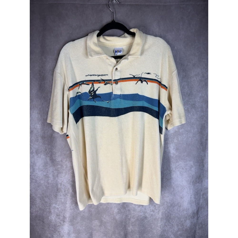 Vtg Lightning Bolt 70s Surf Striped Terry Collar Polo Shirt In Ivory Size M